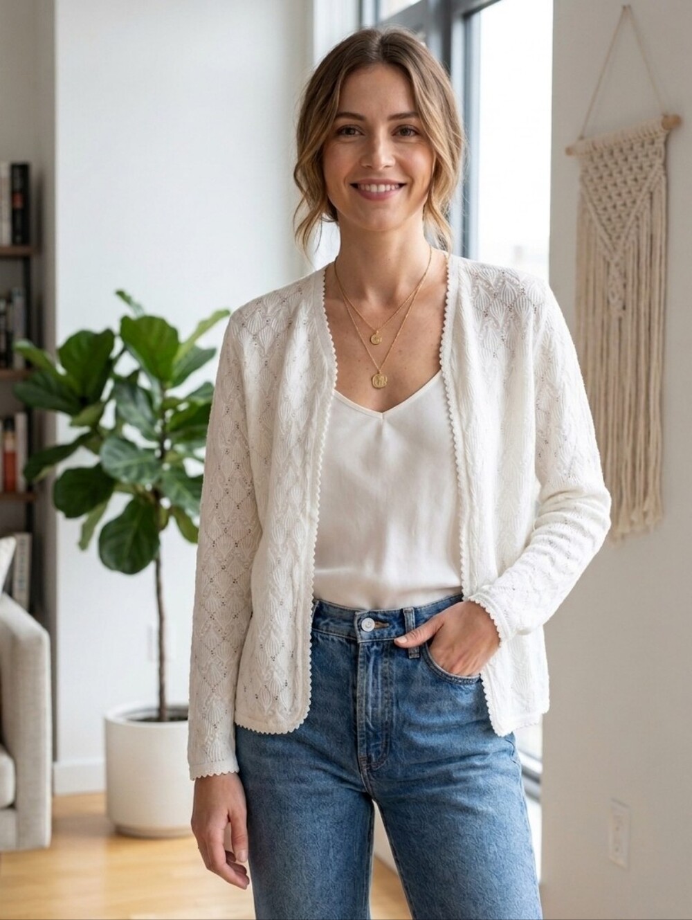 Detailed White Open-Front Cardigan